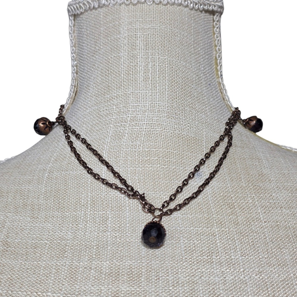 Layered Chain‎ Necklace with Faceted Bead and Skull Accents, Bronze Tone